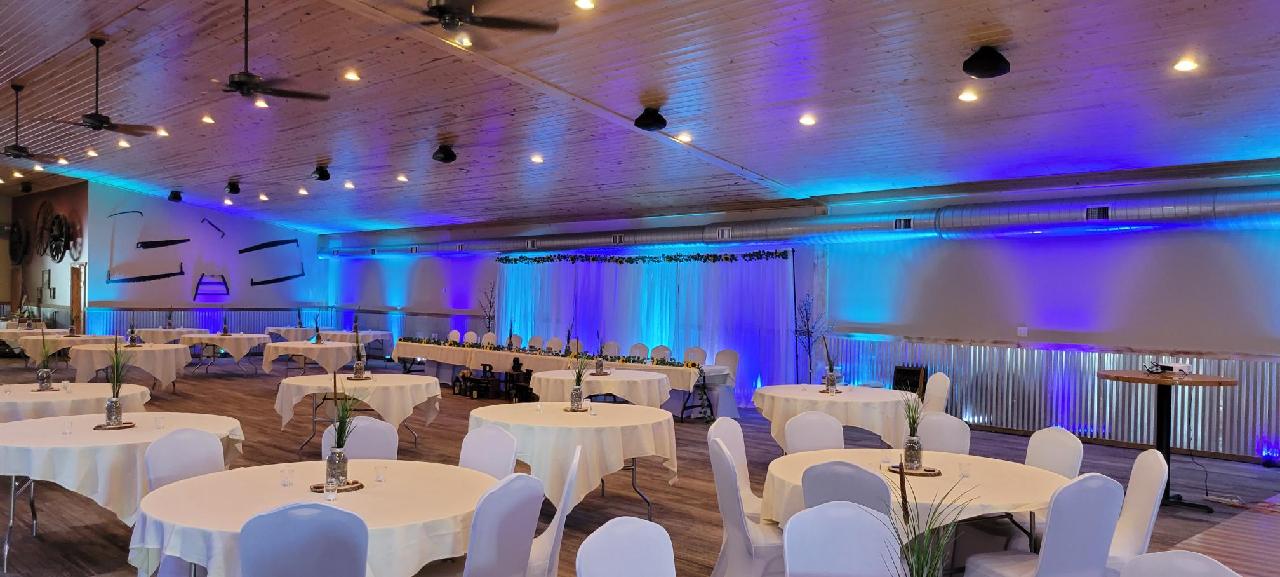 Wedding lighting in a two tone blue up lighting by Duluth Event Lighting.