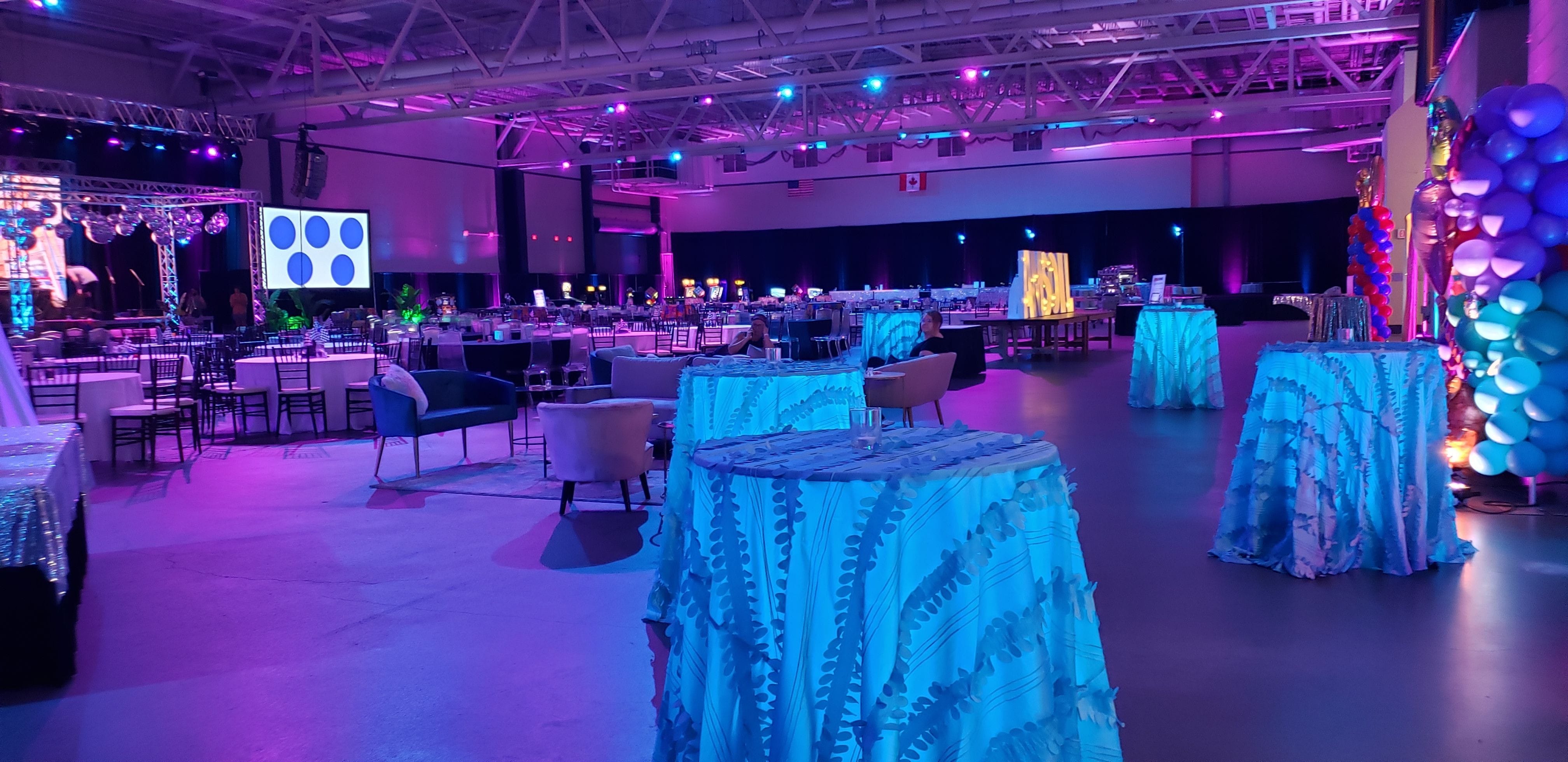 Glowing cocktail tables in Pioneer Hall at the DECC