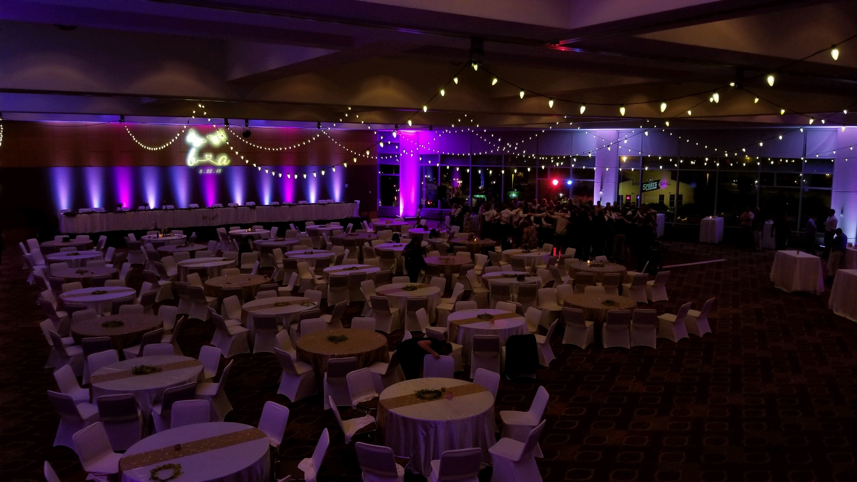 DECC,Harbor Side Ballroom. Wedding lighting in two tone lavender, bistro, wedding monorgam.