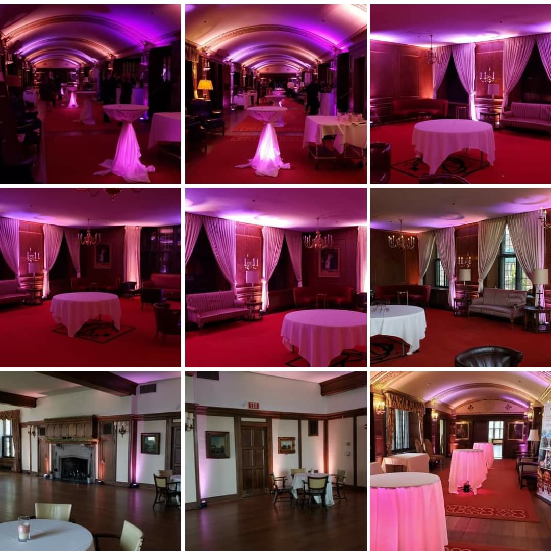 Kitchi Gammi Club wedding lighting in pink by Duluth Event Lighting.