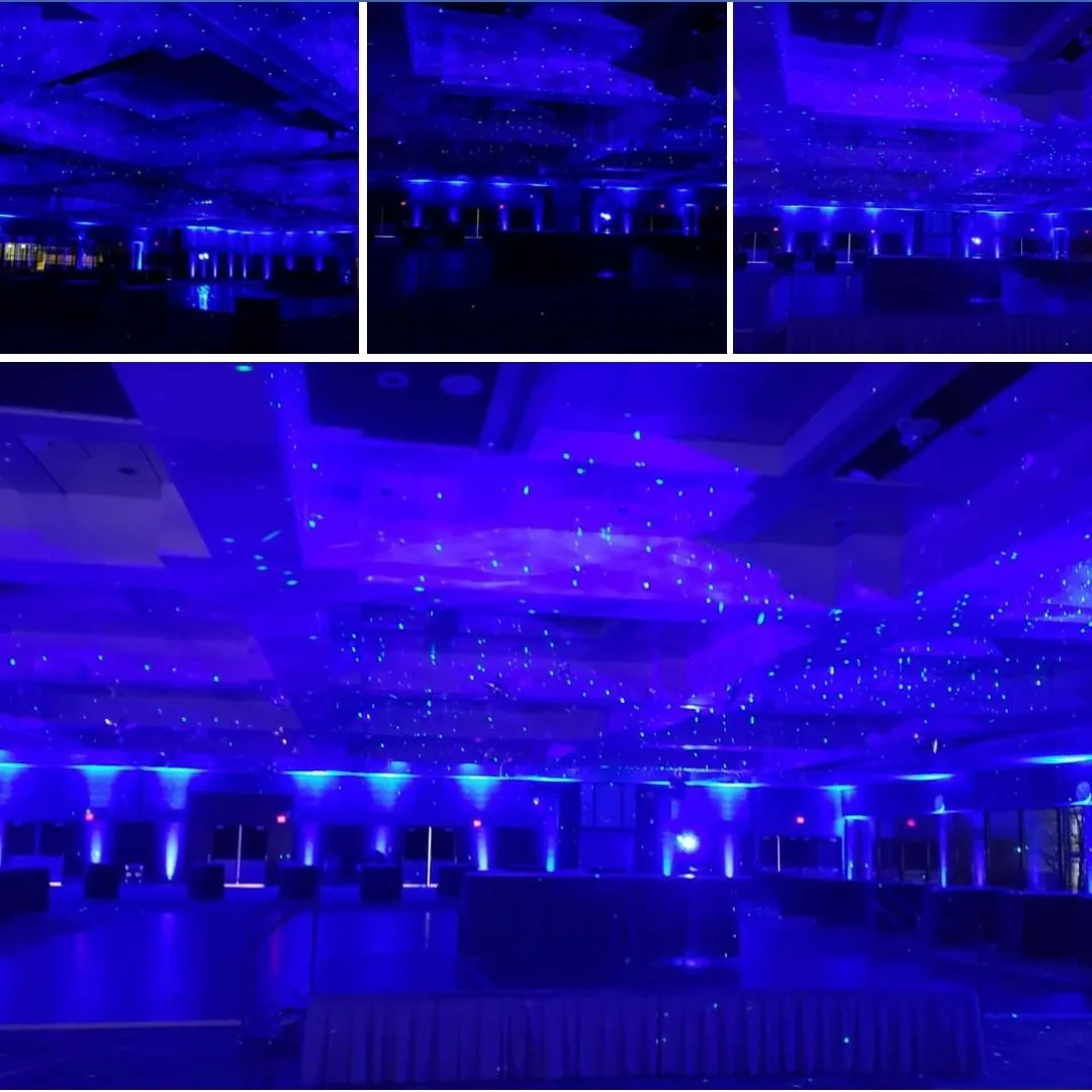 Up lighting in blue with stars and Northern Lights on the ceiling of Lake Superior Ballroom at the DECC.