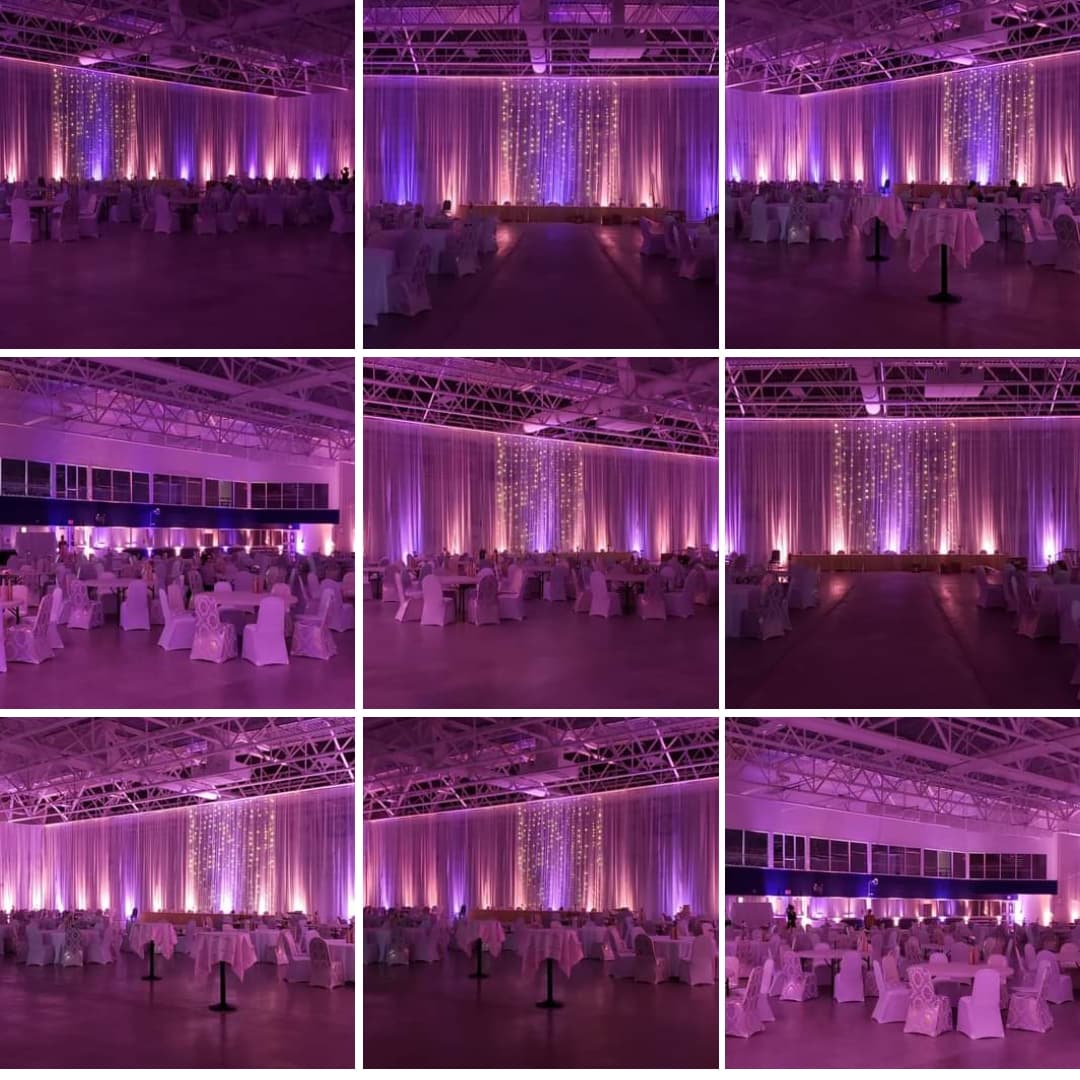 Eveleth Curling Club wedding lighting in two tone lavender and two tone pink up lighting by Duluth Event Lighting