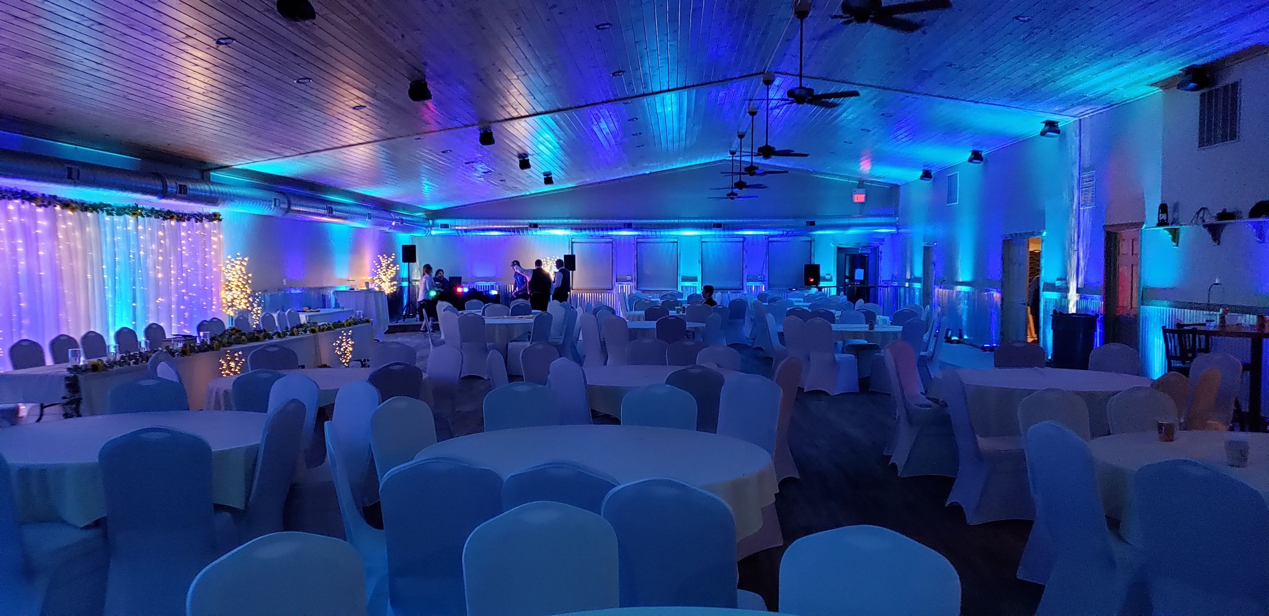 Wedding at the Buffalo House. Up lighting in two tone blue with water lights by Duluth Event Lighting. Backdrop by Heidi Handles It.