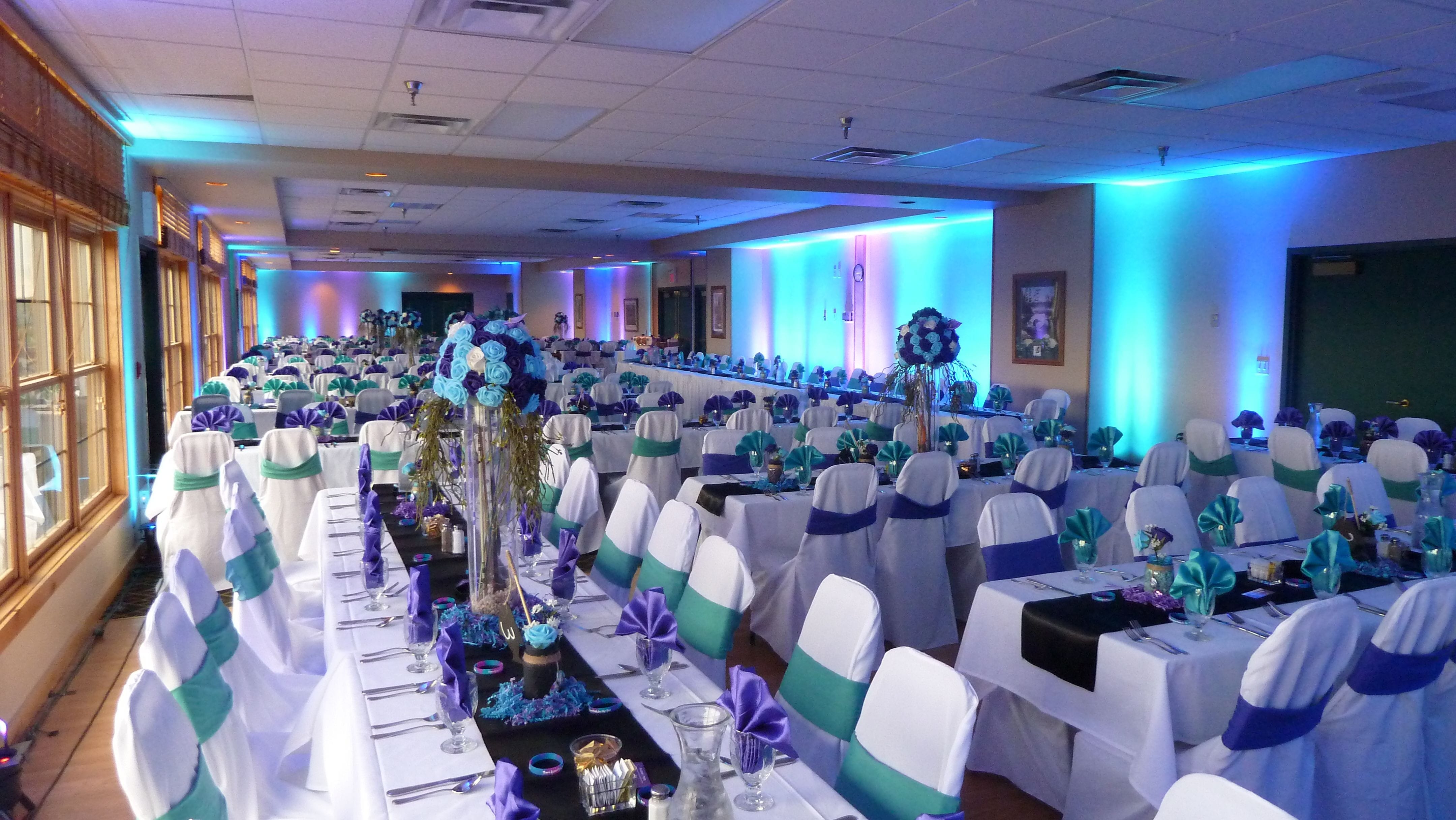 Grand Ely Lodge.
Wedding lighting in teal and magenta pink.