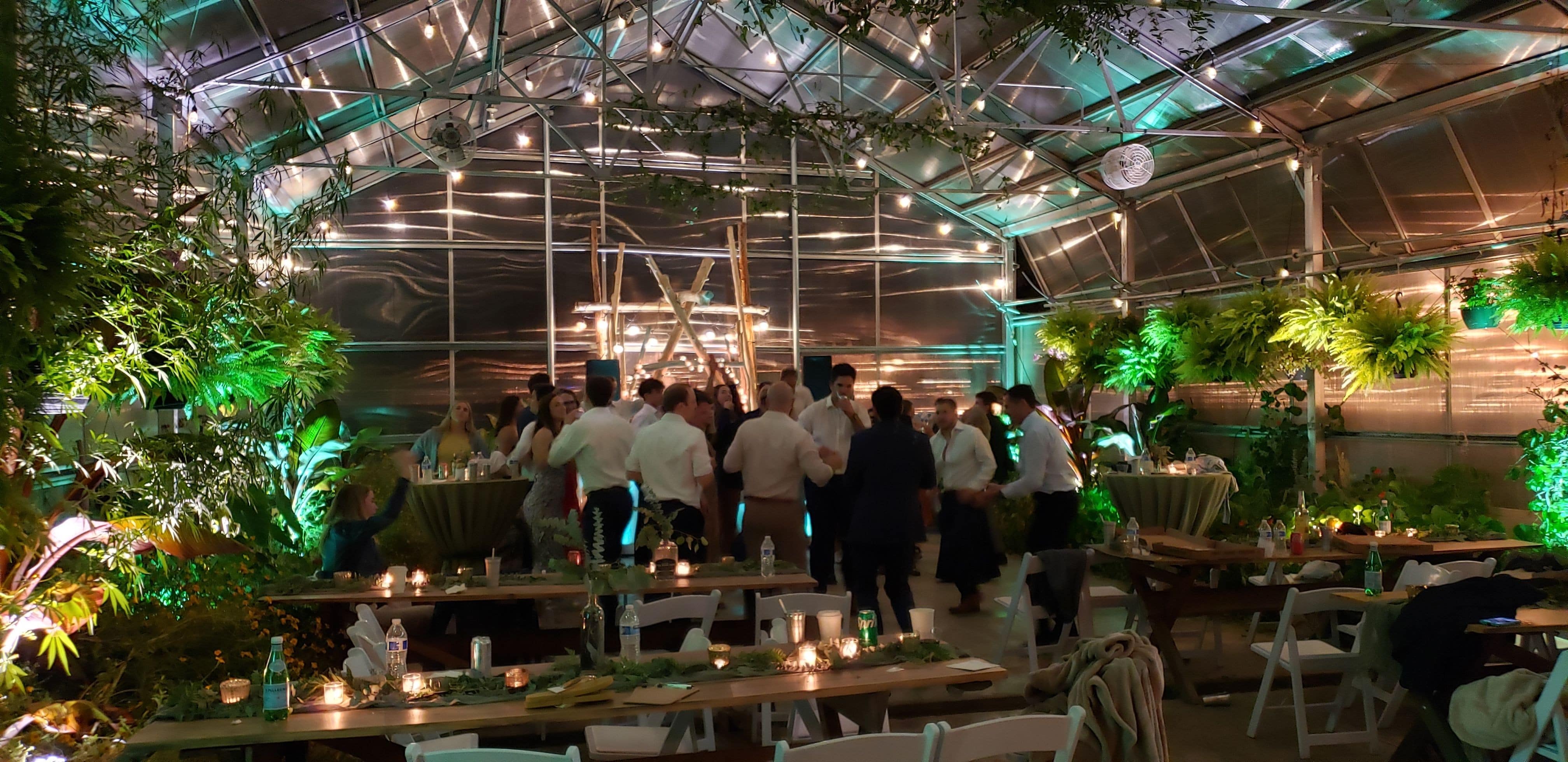 Wedding lighting by Duluth Event Lighting at Sitio Events in the Green house with mint green and soft white up lighting.