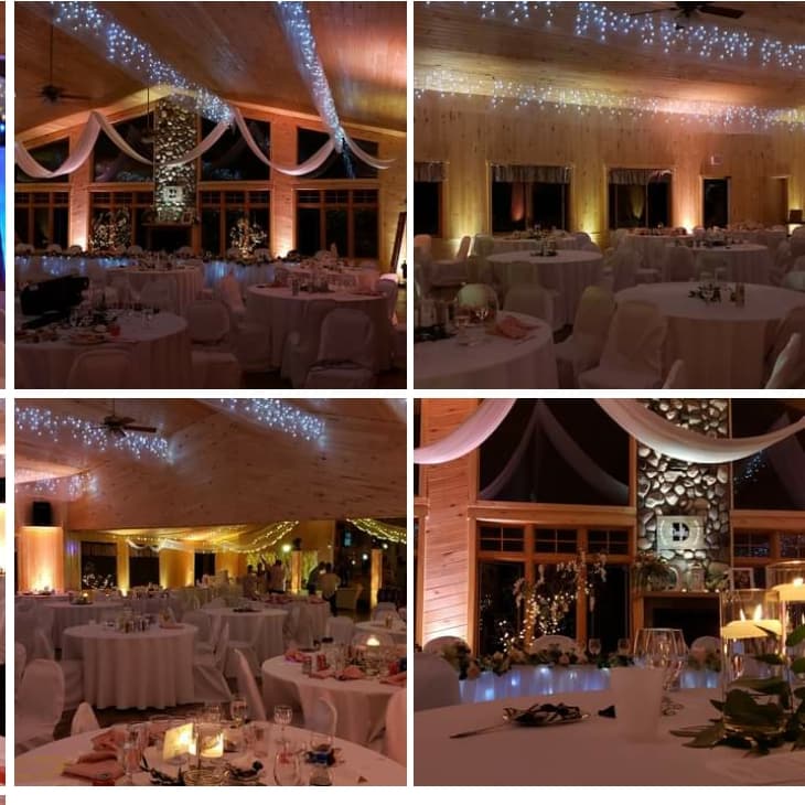 Northern Pines Golf and Event center wedding with peach and warm white up lighting by Duluth Event Lighting.