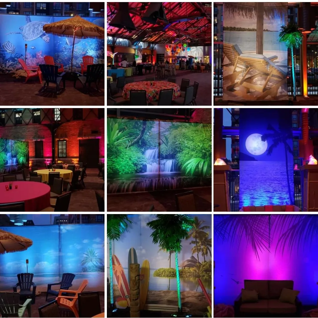 a tropical themed party with fun lighting by Duluth Event Lighting.