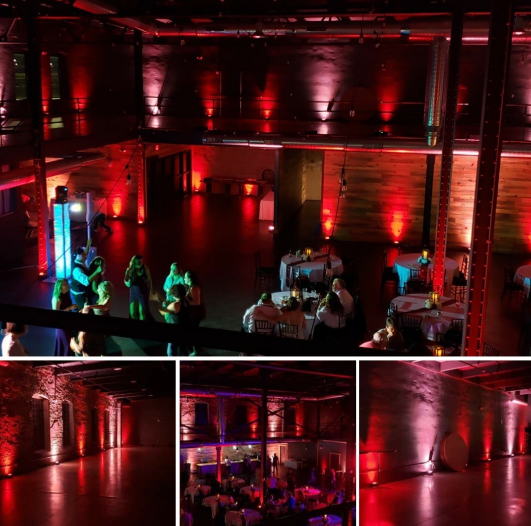 Wedding lighting at the Clyde Malting Building by Duluth Event Lighting. Up lighting in red and blush Pink.