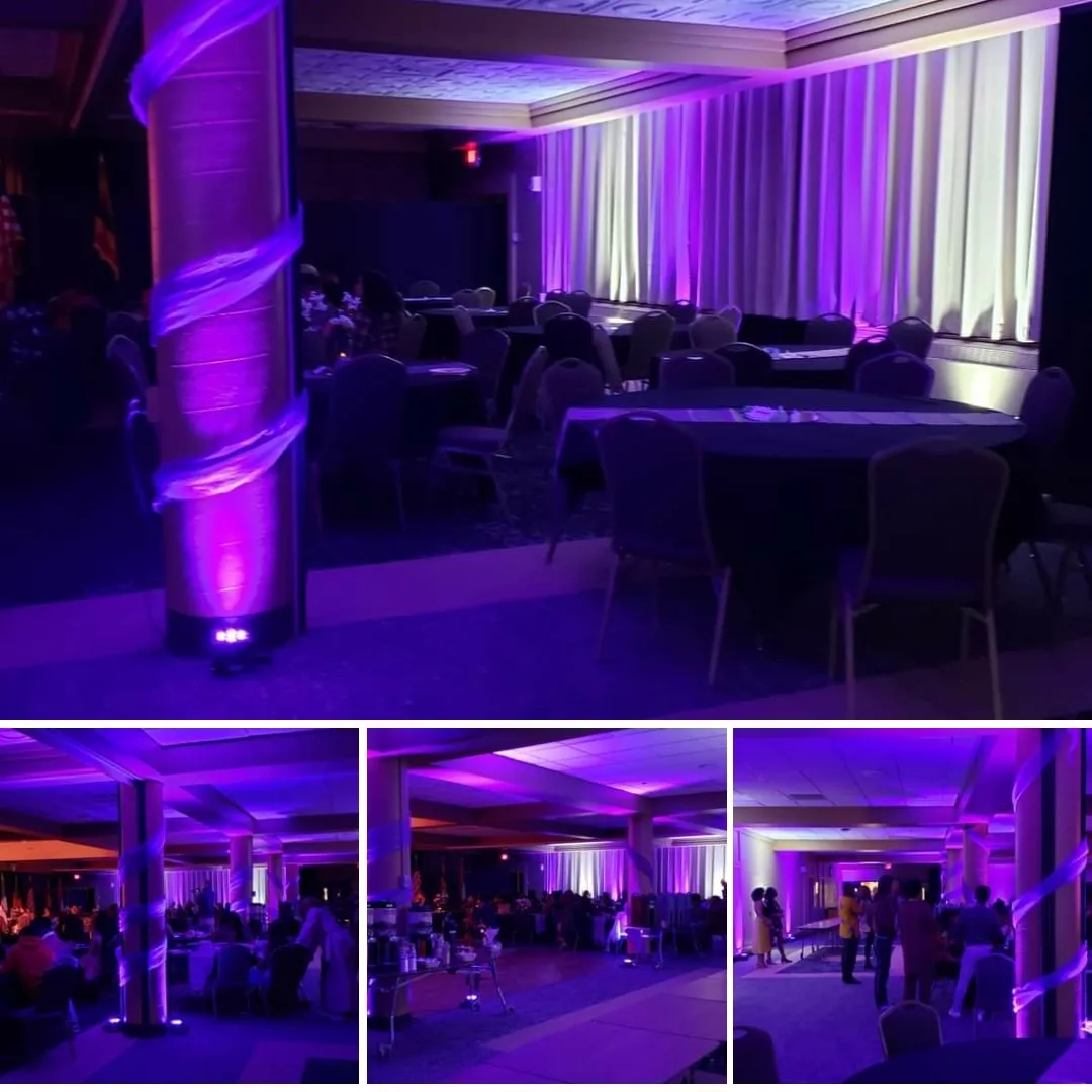 Kirby Ballroom wedding lighting at UMD by Duluth Event Lighting. up lighting in purple and soft white.