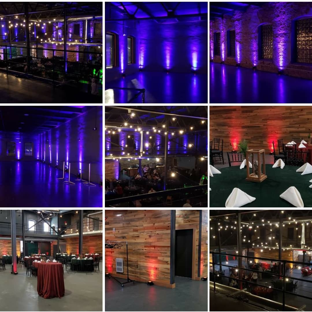 Clyde Malting Building wedding lighting by Duluth Event Lighting.