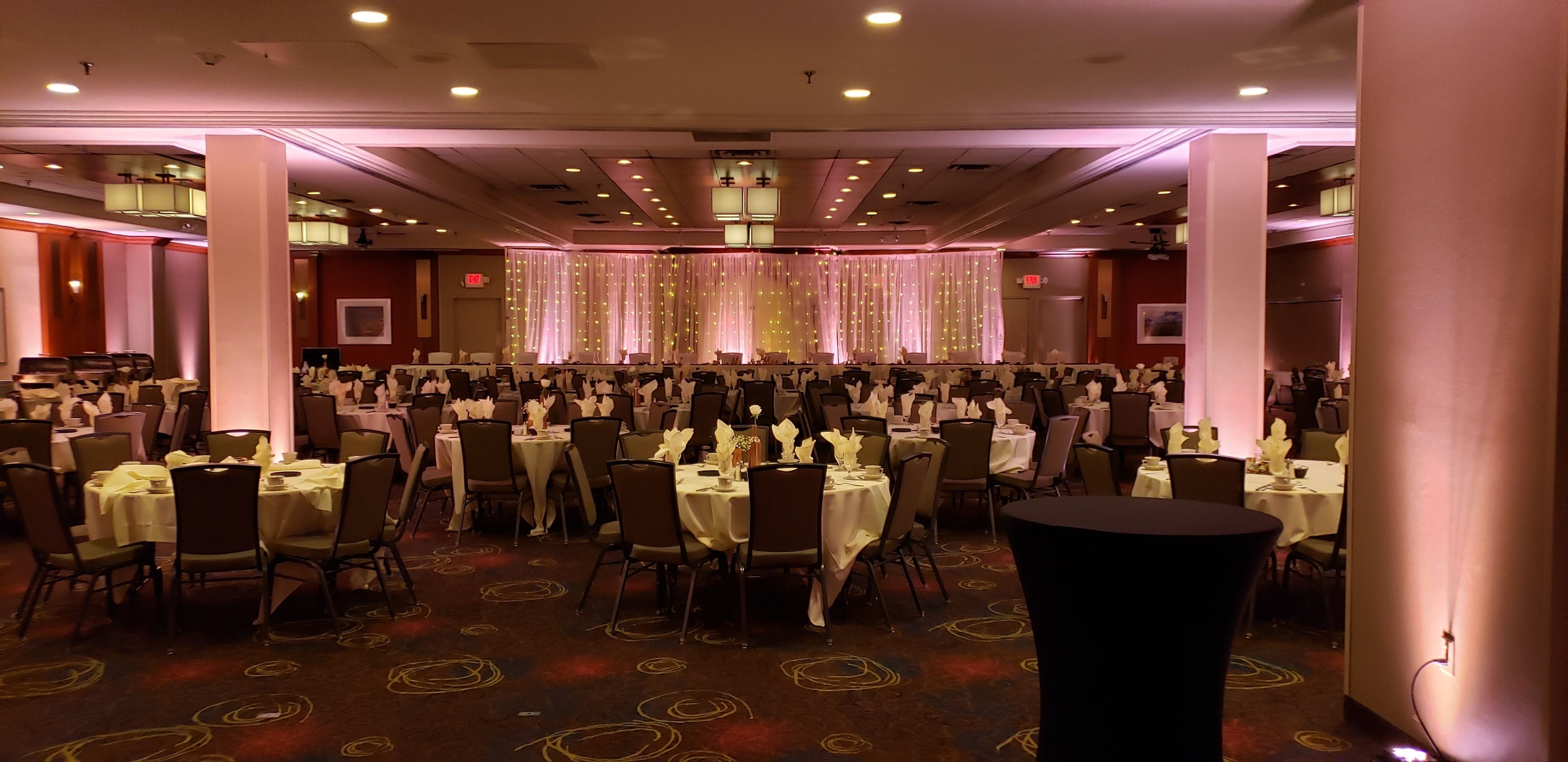 Holiday Inn, Duluth
Great Lakes Ballroom with rose gold up lighting and a head table backdrop.