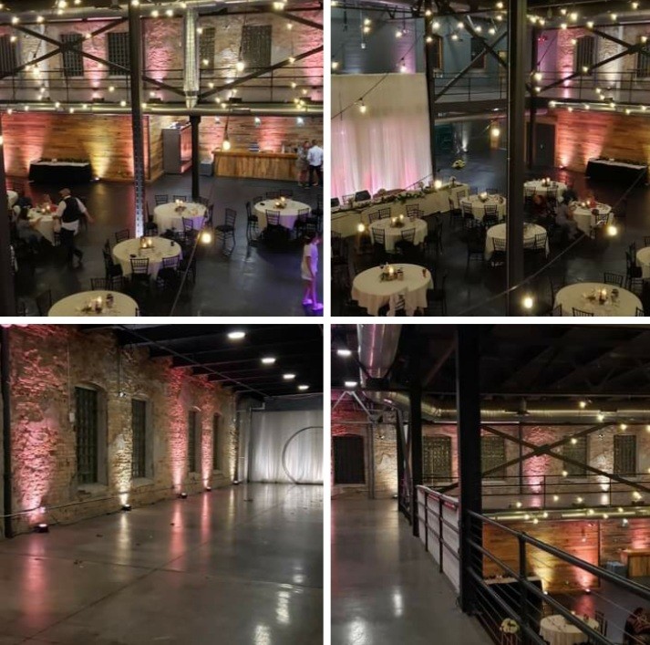 Up lighting at the Clyde Malting Building for a wedding by Duluth Event Lighting